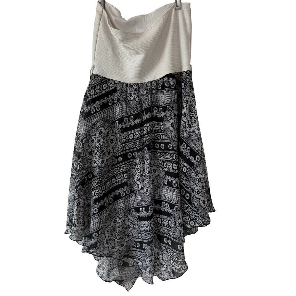 Boho Strapless Paisely Midi Dress Black White Print Womens Small